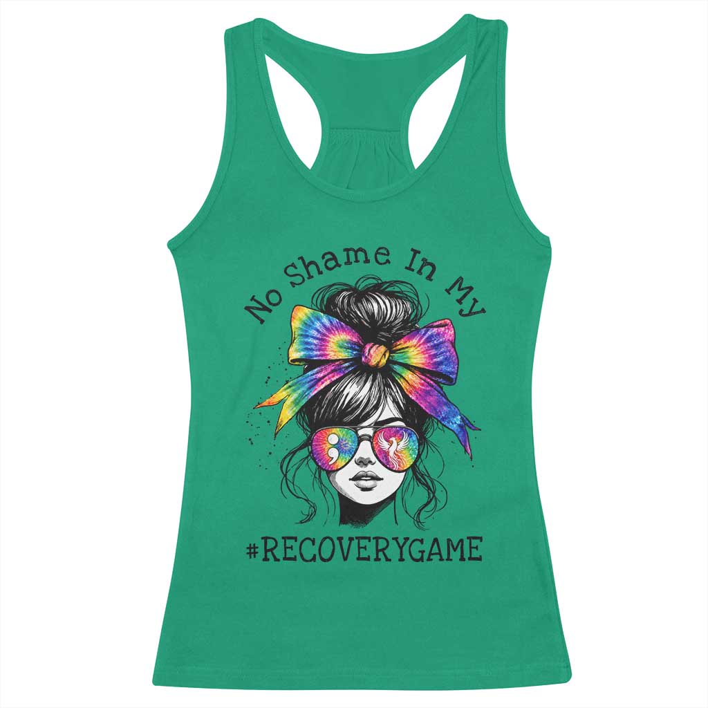No Shame In My Recovery Game Racerback Tank Top Messy Bun Semicolon Graphic