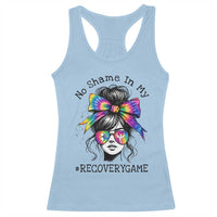 No Shame In My Recovery Game Racerback Tank Top Messy Bun Semicolon Graphic