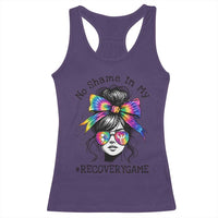 No Shame In My Recovery Game Racerback Tank Top Messy Bun Semicolon Graphic