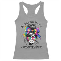 No Shame In My Recovery Game Racerback Tank Top Messy Bun Semicolon Graphic