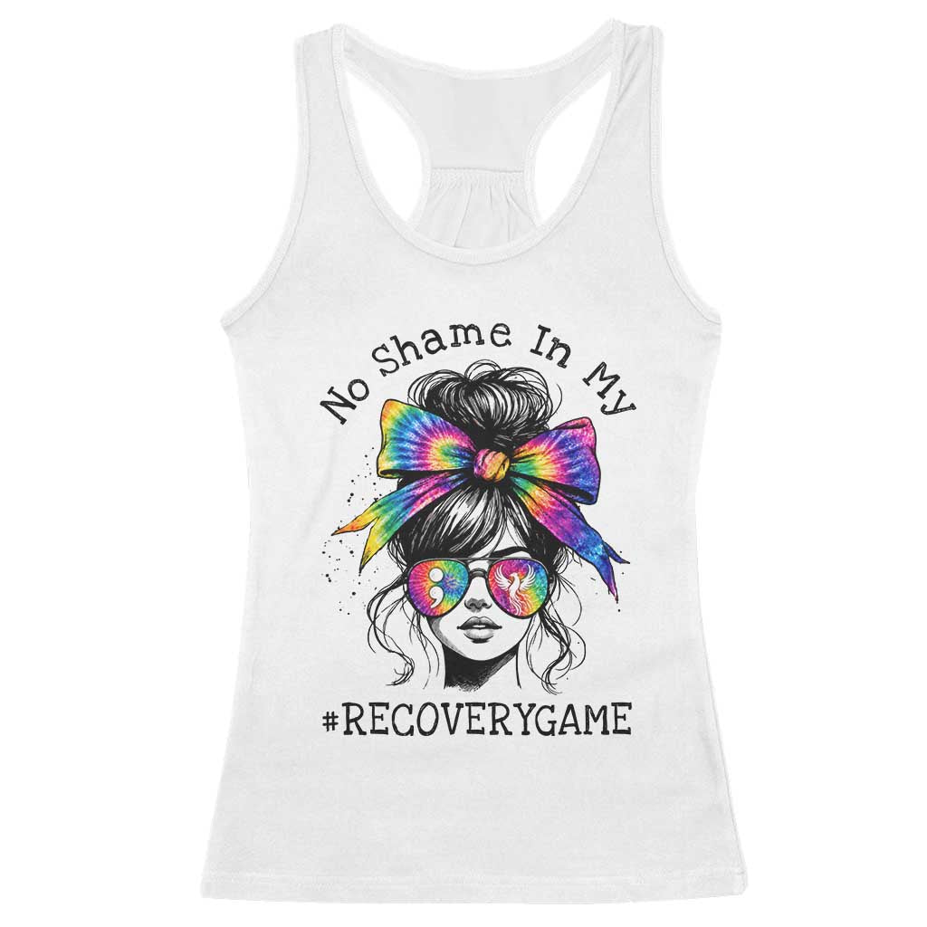 No Shame In My Recovery Game Racerback Tank Top Messy Bun Semicolon Graphic