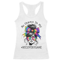 No Shame In My Recovery Game Racerback Tank Top Messy Bun Semicolon Graphic