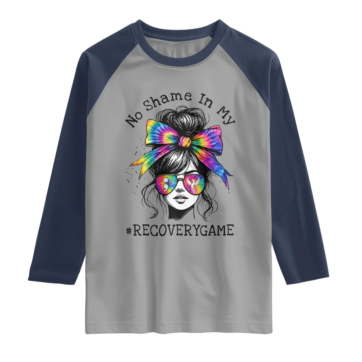 No Shame In My Recovery Game Raglan Shirt Messy Bun Semicolon Graphic