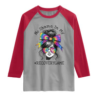 No Shame In My Recovery Game Raglan Shirt Messy Bun Semicolon Graphic