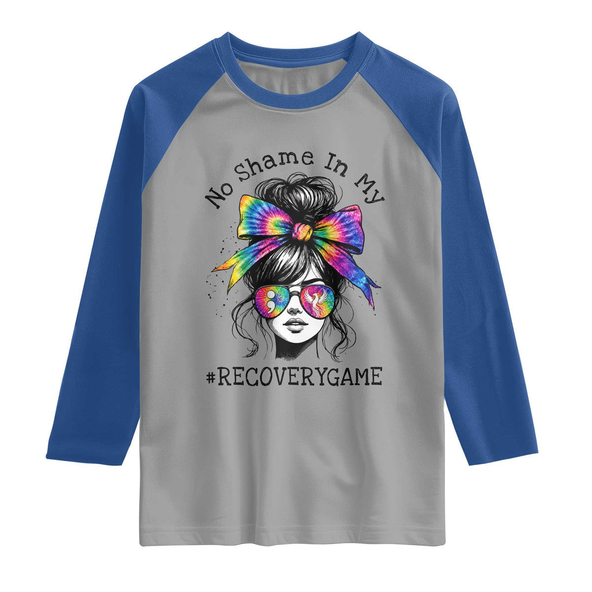 No Shame In My Recovery Game Raglan Shirt Messy Bun Semicolon Graphic