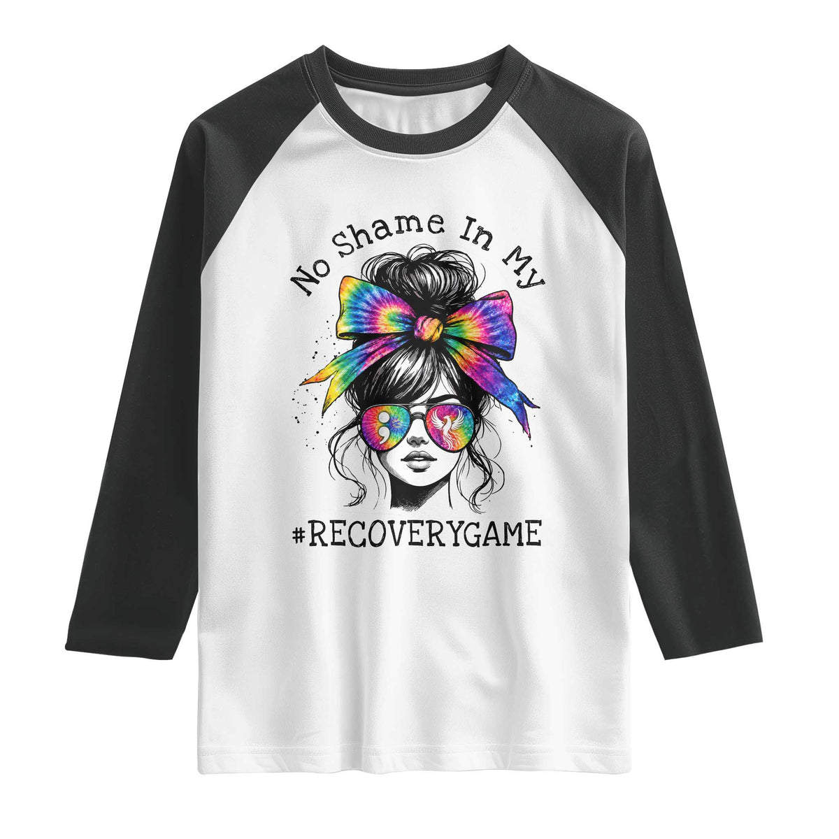 No Shame In My Recovery Game Raglan Shirt Messy Bun Semicolon Graphic