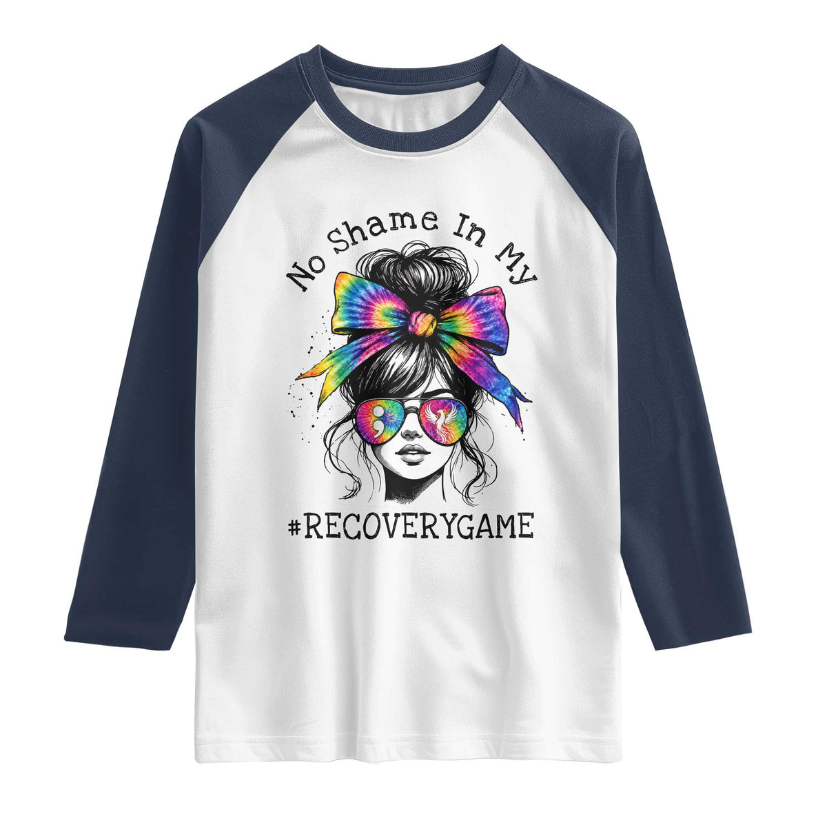 No Shame In My Recovery Game Raglan Shirt Messy Bun Semicolon Graphic