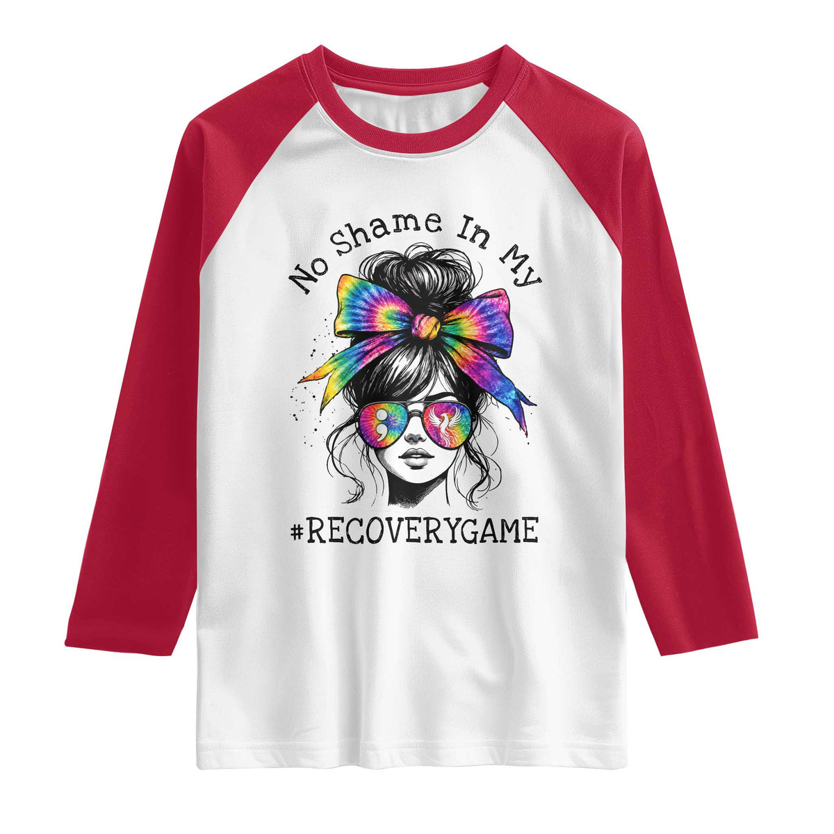 No Shame In My Recovery Game Raglan Shirt Messy Bun Semicolon Graphic