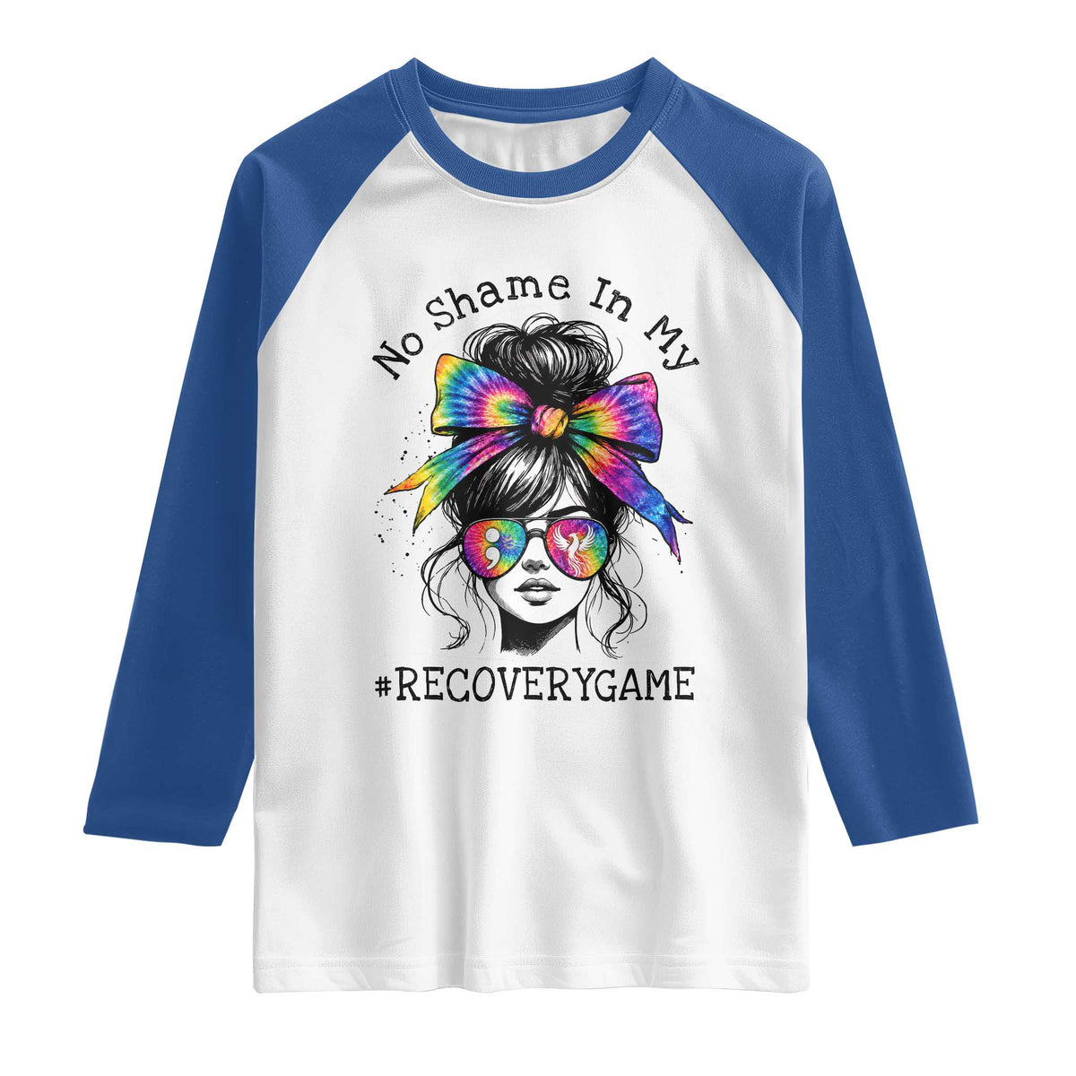 No Shame In My Recovery Game Raglan Shirt Messy Bun Semicolon Graphic