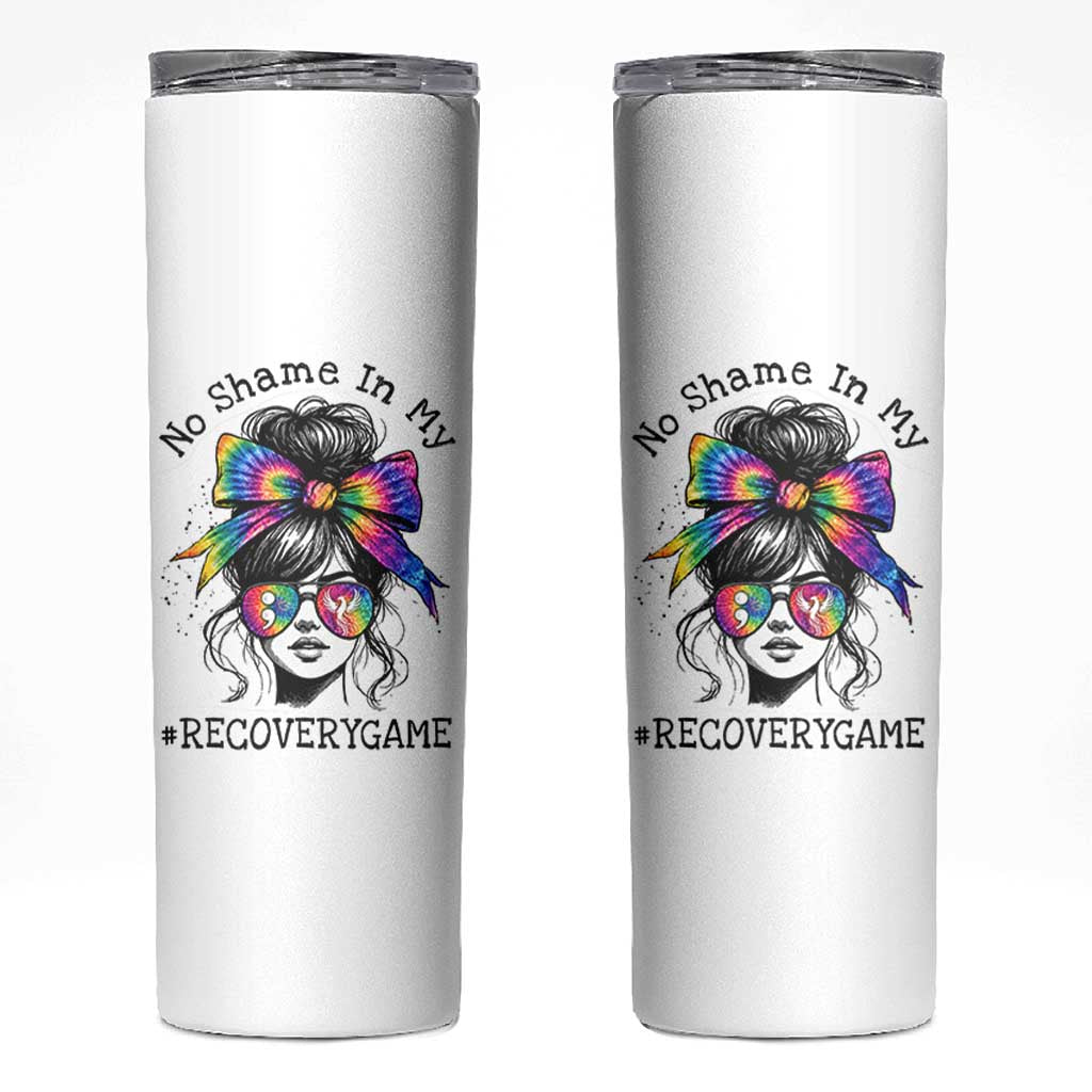No Shame In My Recovery Game Skinny Tumbler Messy Bun Semicolon Graphic