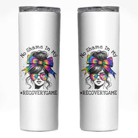 No Shame In My Recovery Game Skinny Tumbler Messy Bun Semicolon Graphic