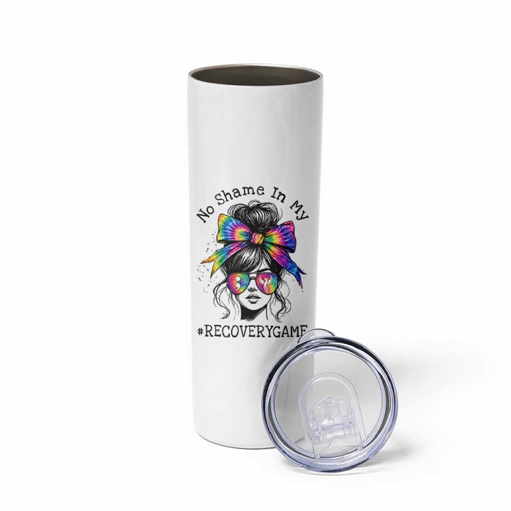 No Shame In My Recovery Game Skinny Tumbler Messy Bun Semicolon Graphic
