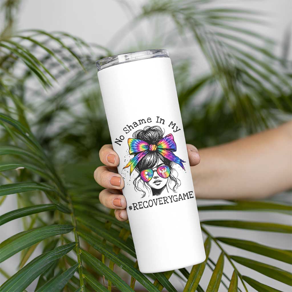 No Shame In My Recovery Game Skinny Tumbler Messy Bun Semicolon Graphic