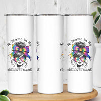 No Shame In My Recovery Game Skinny Tumbler Messy Bun Semicolon Graphic