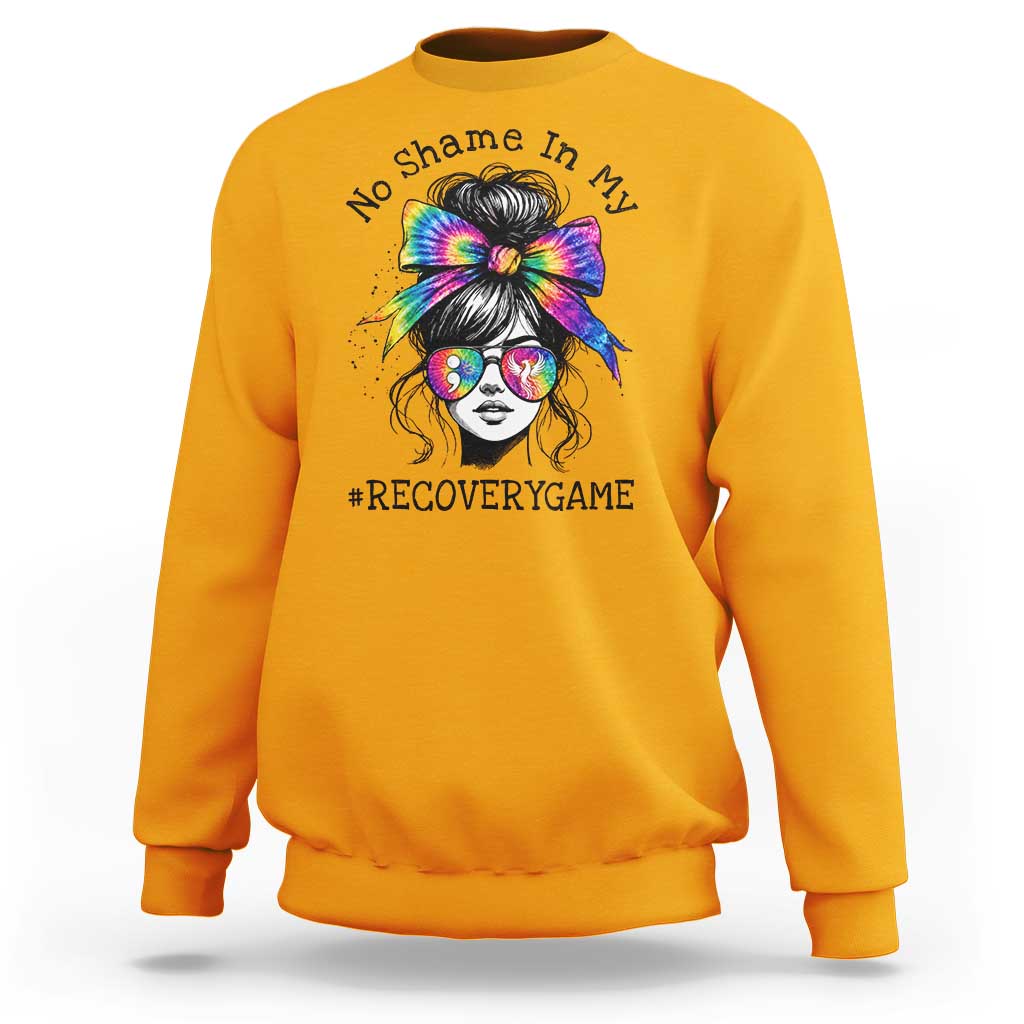 No Shame In My Recovery Game Sweatshirt Messy Bun Semicolon Graphic