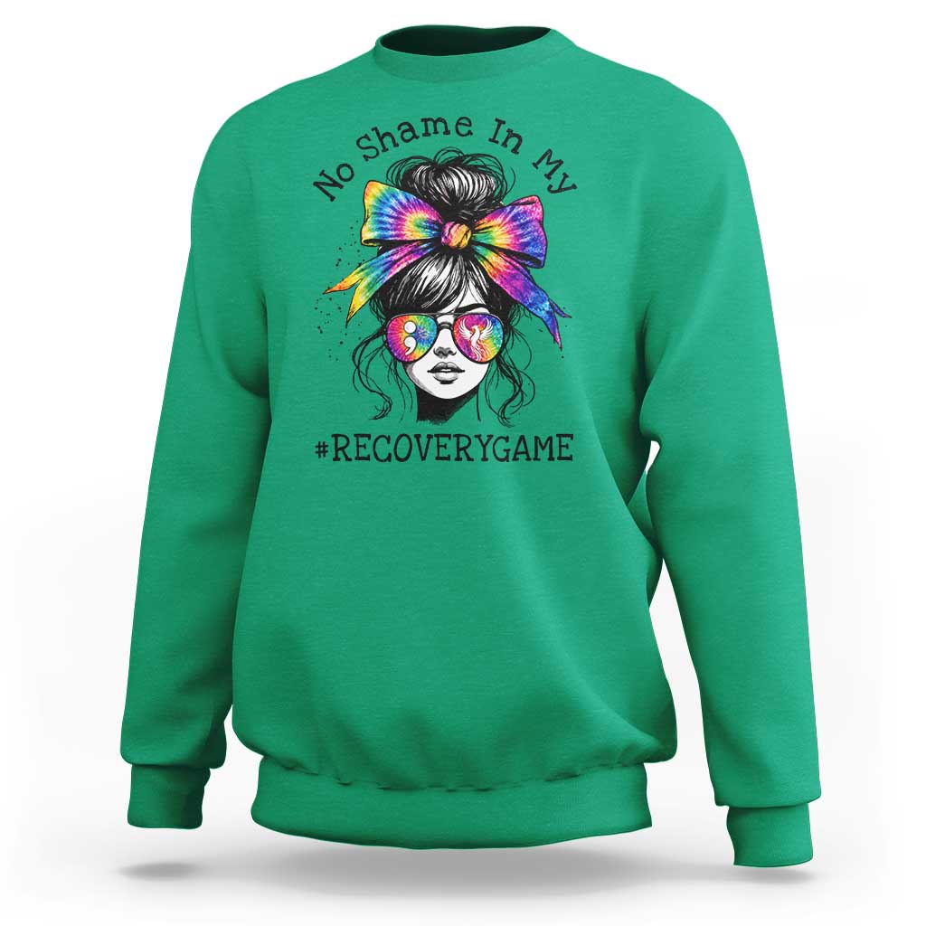 No Shame In My Recovery Game Sweatshirt Messy Bun Semicolon Graphic