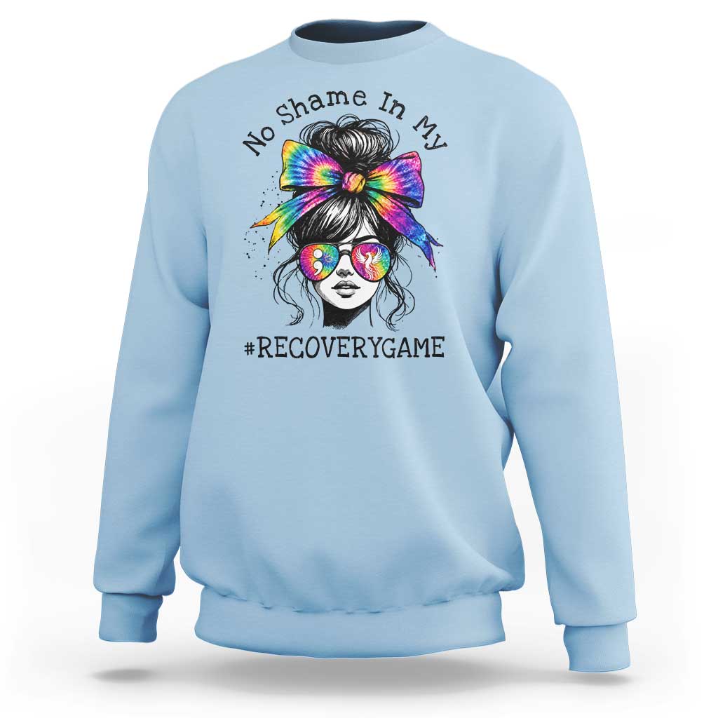 No Shame In My Recovery Game Sweatshirt Messy Bun Semicolon Graphic