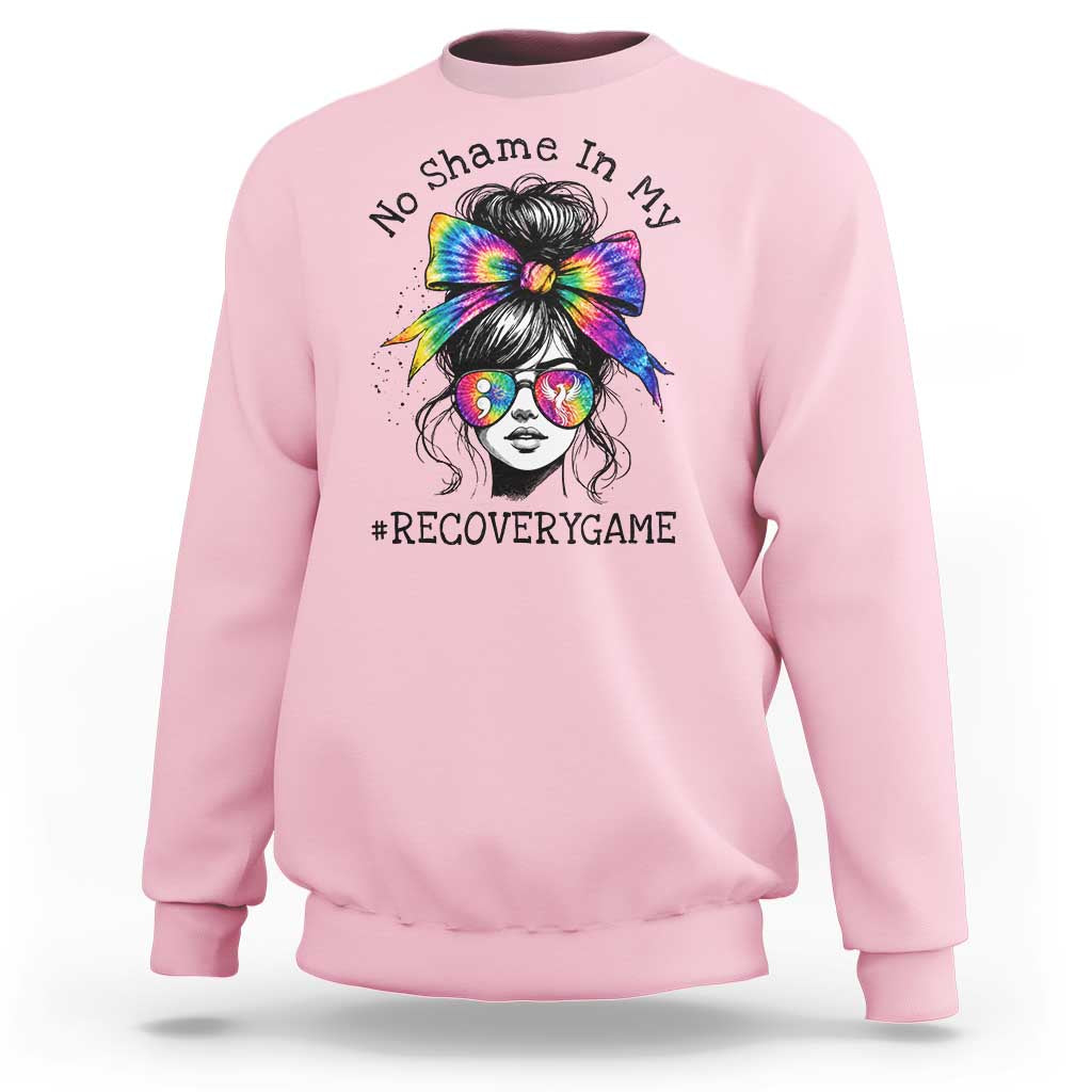No Shame In My Recovery Game Sweatshirt Messy Bun Semicolon Graphic
