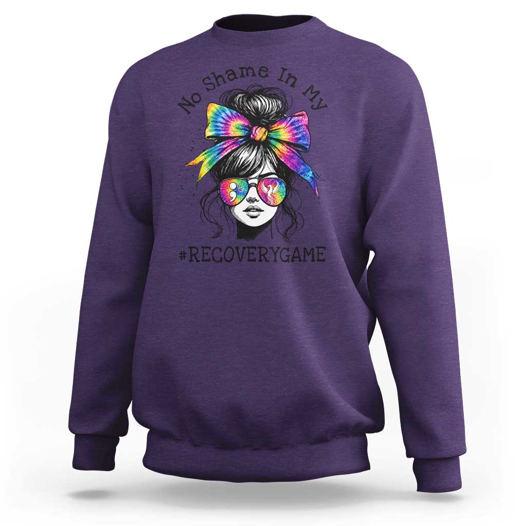 No Shame In My Recovery Game Sweatshirt Messy Bun Semicolon Graphic