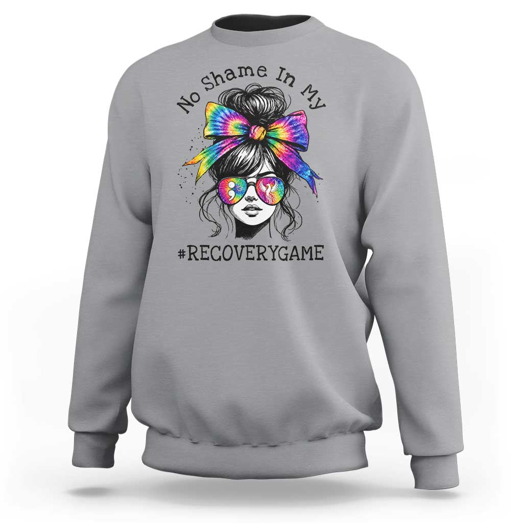 No Shame In My Recovery Game Sweatshirt Messy Bun Semicolon Graphic