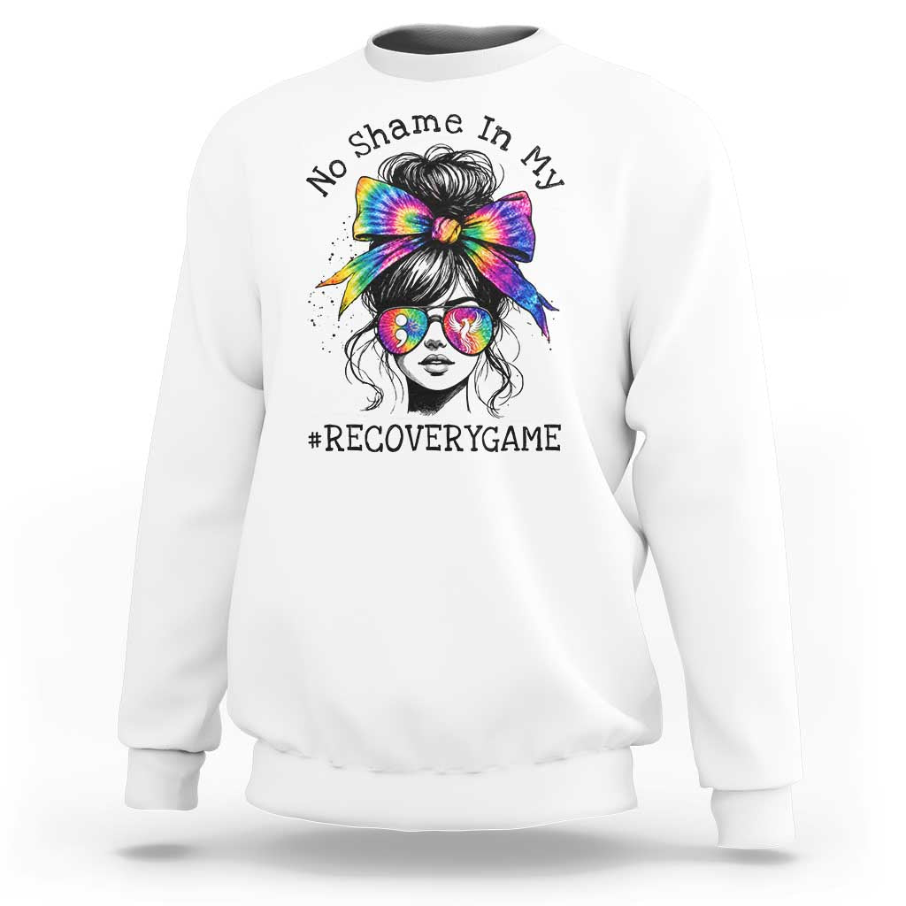 No Shame In My Recovery Game Sweatshirt Messy Bun Semicolon Graphic