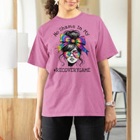 No Shame In My Recovery Game T Shirt For Women Messy Bun Semicolon Graphic