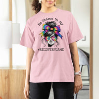 No Shame In My Recovery Game T Shirt For Women Messy Bun Semicolon Graphic