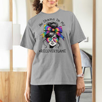 No Shame In My Recovery Game T Shirt For Women Messy Bun Semicolon Graphic