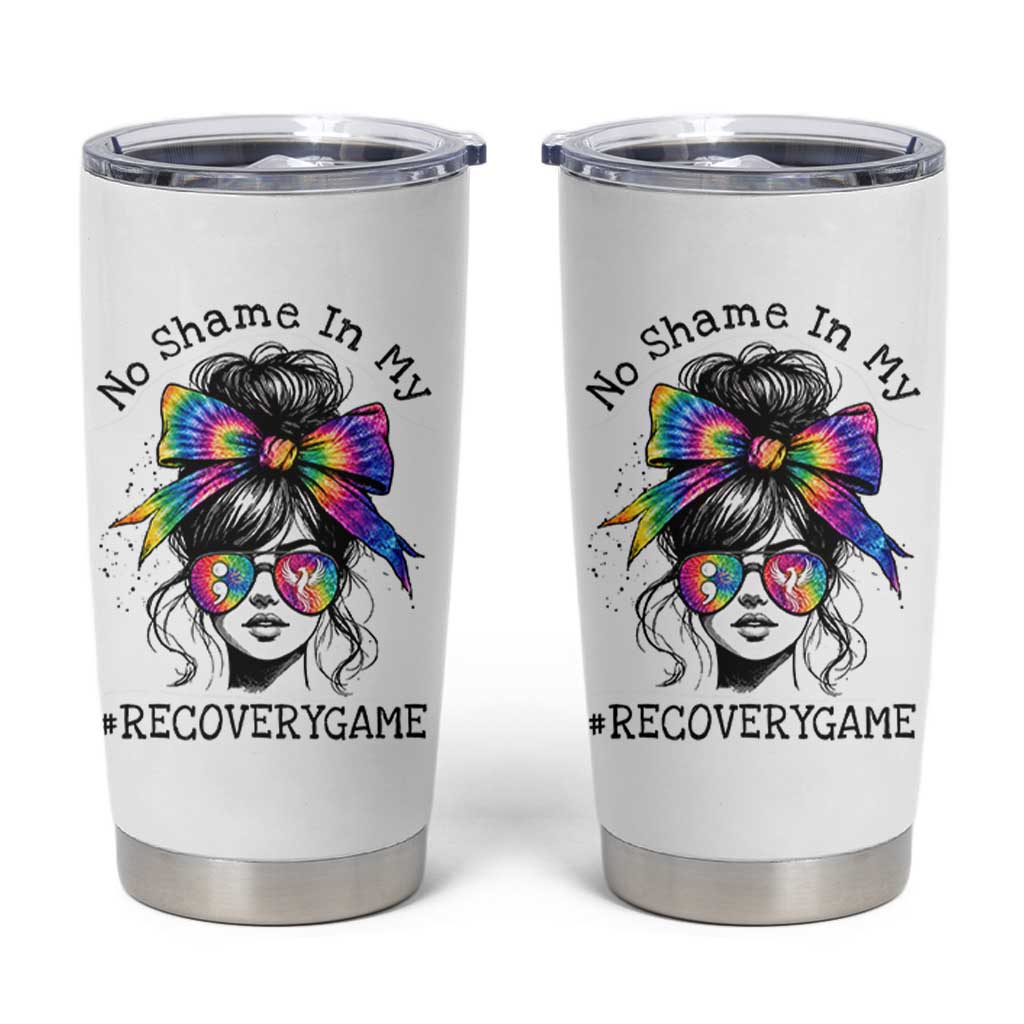 No Shame In My Recovery Game Tumbler Cup Messy Bun Semicolon Graphic
