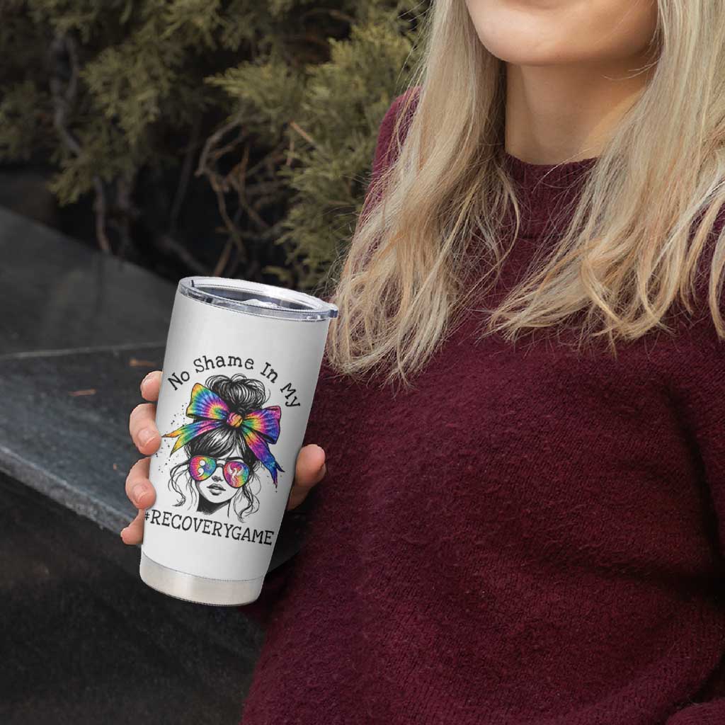 No Shame In My Recovery Game Tumbler Cup Messy Bun Semicolon Graphic