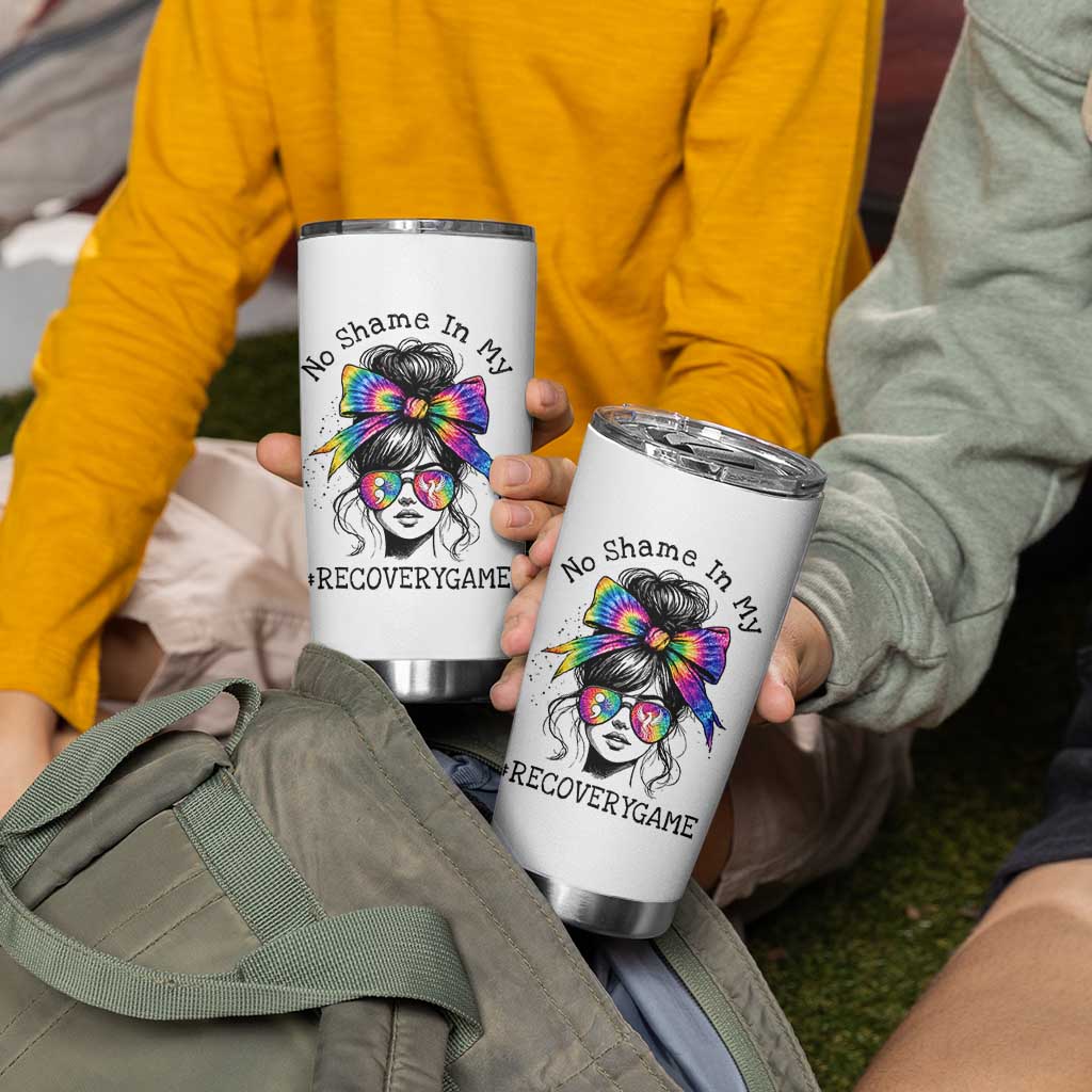 No Shame In My Recovery Game Tumbler Cup Messy Bun Semicolon Graphic
