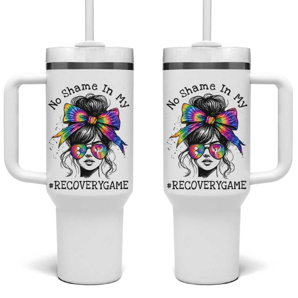No Shame In My Recovery Game Tumbler With Handle Messy Bun Semicolon Graphic