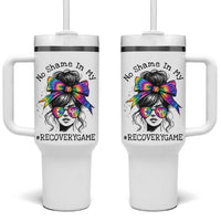 No Shame In My Recovery Game Tumbler With Handle Messy Bun Semicolon Graphic
