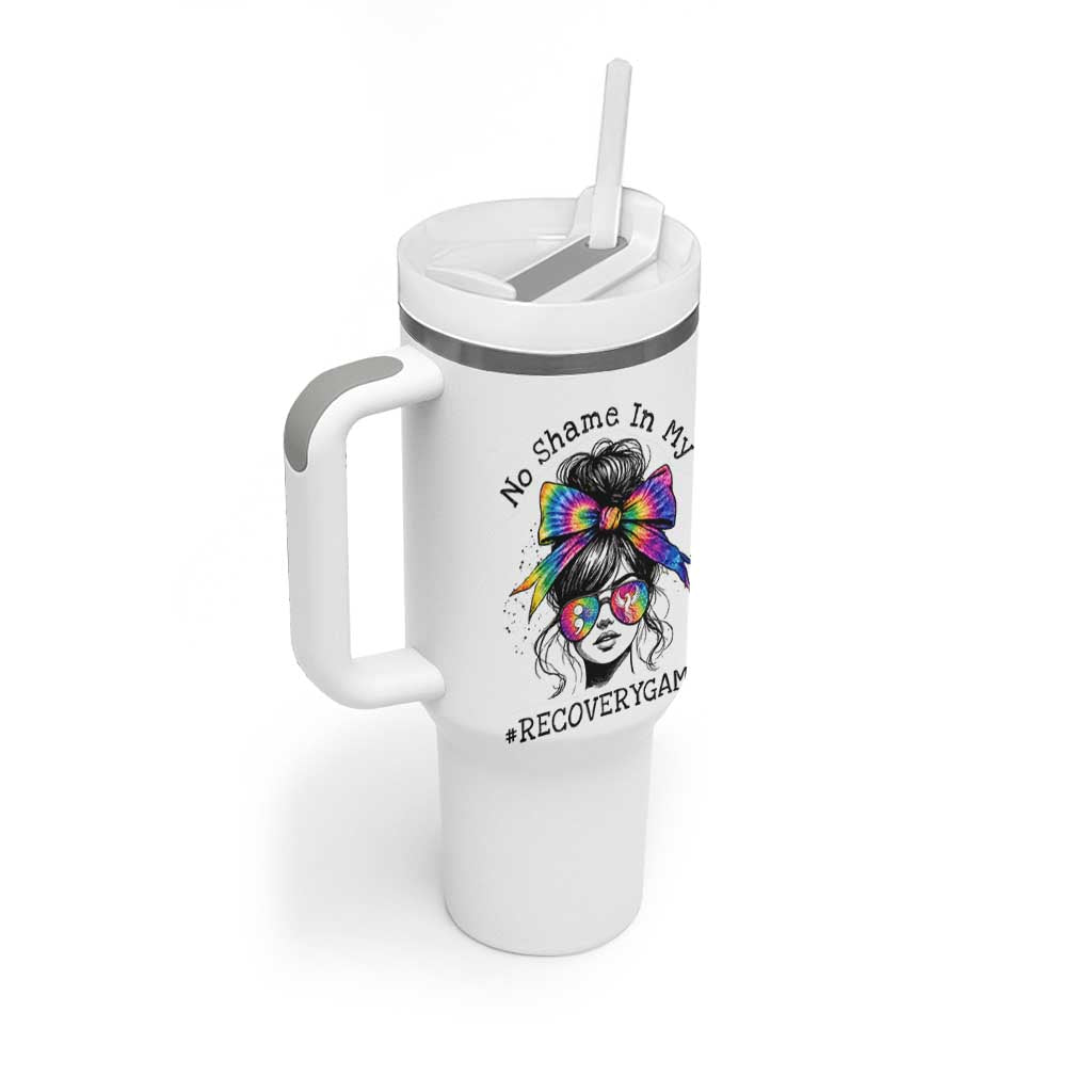 No Shame In My Recovery Game Tumbler With Handle Messy Bun Semicolon Graphic