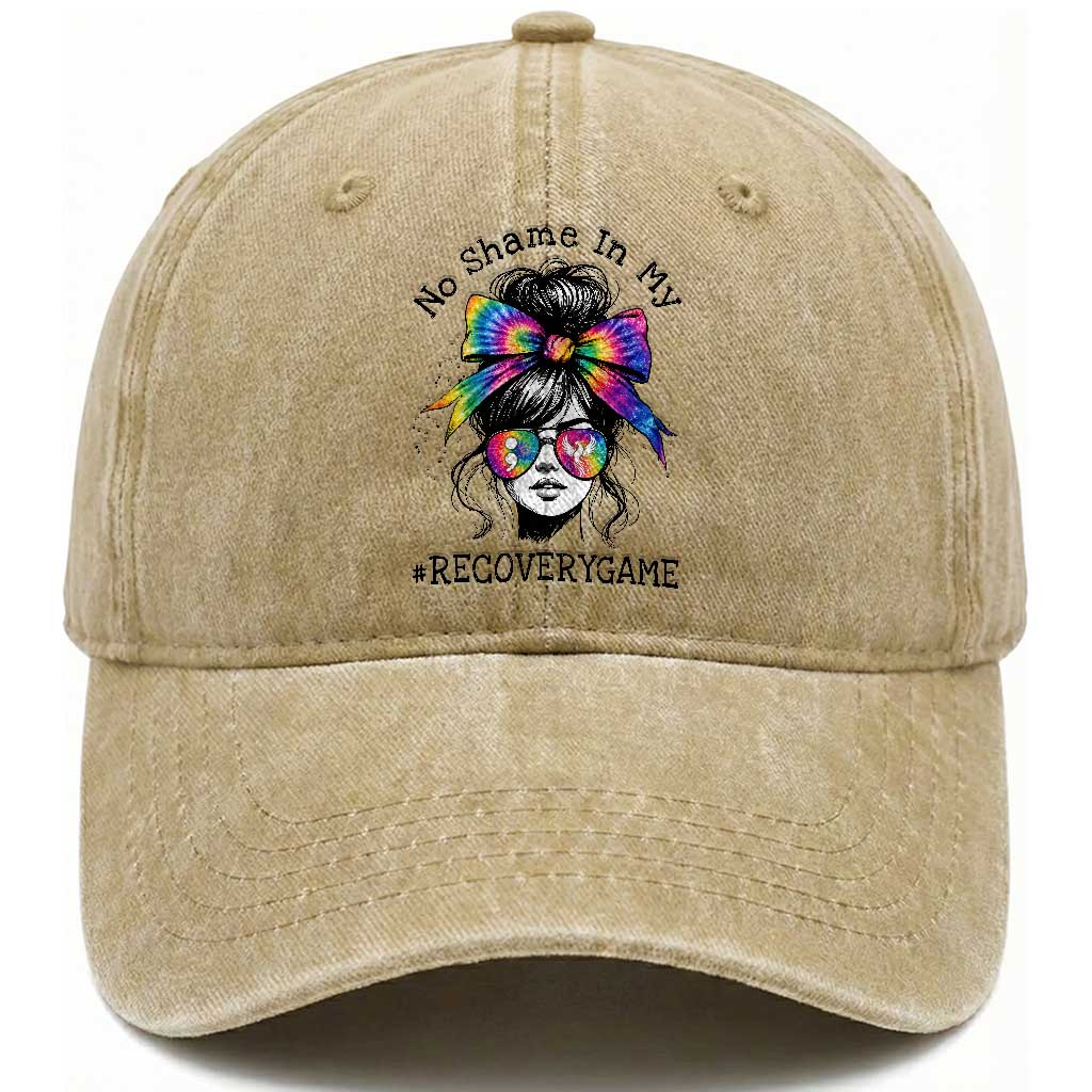 No Shame In My Recovery Game Washed Cotton Baseball Cap Messy Bun Semicolon Graphic