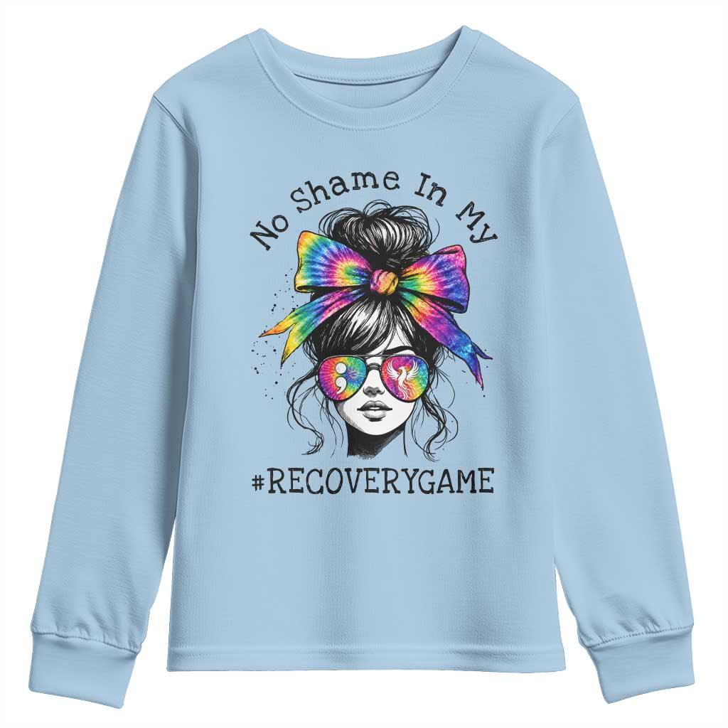 No Shame In My Recovery Game Youth Sweatshirt Messy Bun Semicolon Graphic