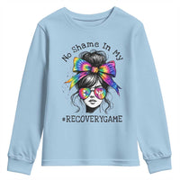 No Shame In My Recovery Game Youth Sweatshirt Messy Bun Semicolon Graphic