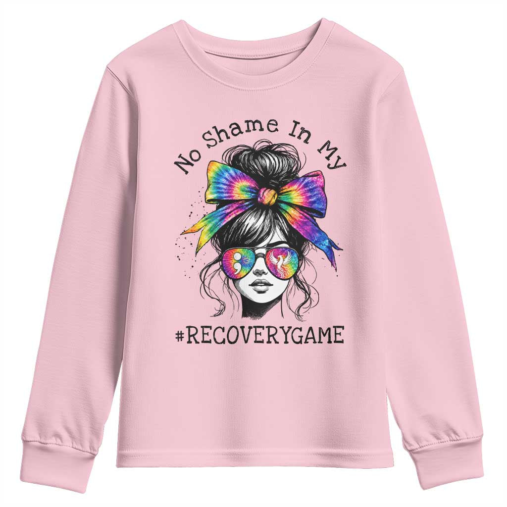 No Shame In My Recovery Game Youth Sweatshirt Messy Bun Semicolon Graphic