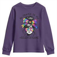 No Shame In My Recovery Game Youth Sweatshirt Messy Bun Semicolon Graphic