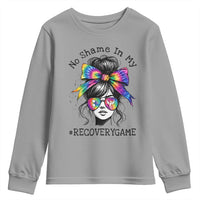 No Shame In My Recovery Game Youth Sweatshirt Messy Bun Semicolon Graphic