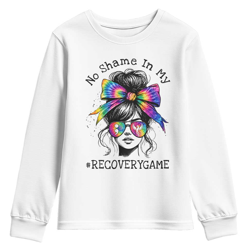 No Shame In My Recovery Game Youth Sweatshirt Messy Bun Semicolon Graphic
