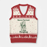 Sorry Im Late I Was Pooping Funny Frog Meme V-Neck Knit Sweater Vest