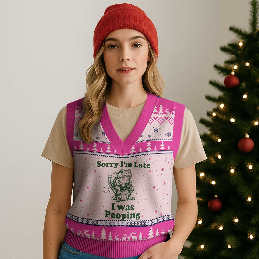 Sorry Im Late I Was Pooping Funny Frog Meme V-Neck Knit Sweater Vest