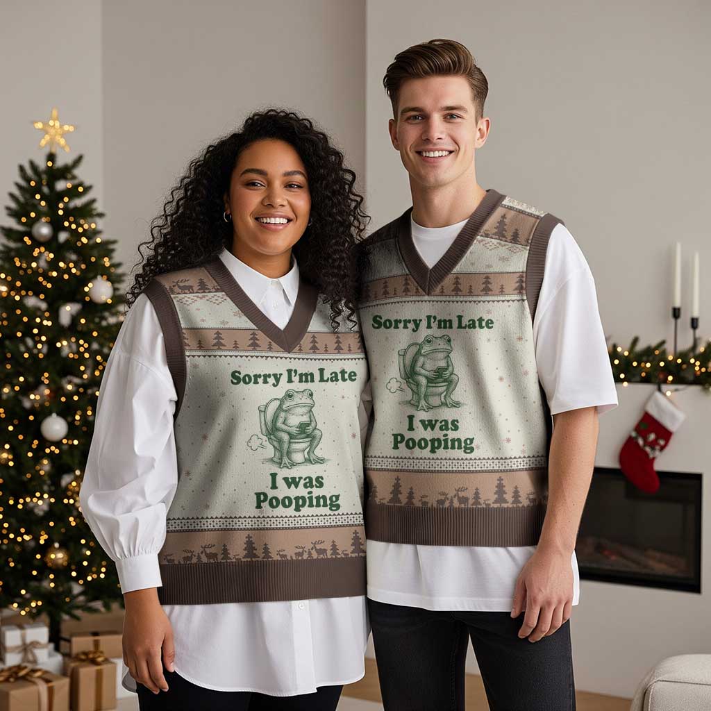 Sorry Im Late I Was Pooping Funny Frog Meme V-Neck Knit Sweater Vest