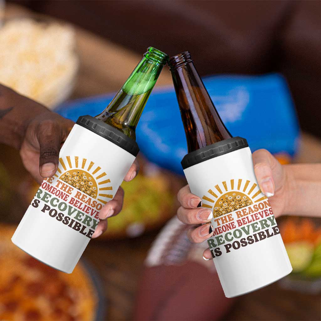 Recovery Sobriety 4 in 1 Can Cooler Tumbler Sober Life Believes Recovery is Possible Hippie Vintage Graphic