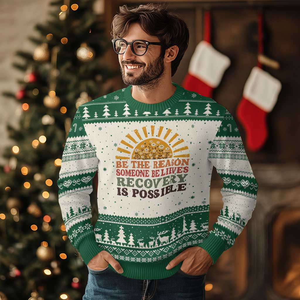 Recovery Sobriety Ugly Christmas Sweater Sober Life Believes Recovery is Possible Hippie Vintage Graphic
