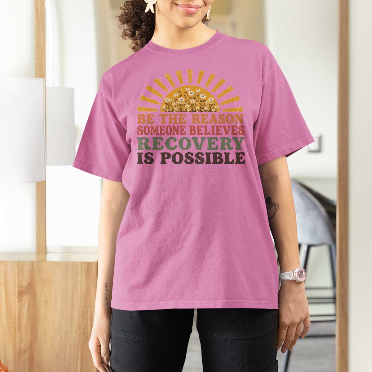 Recovery Sobriety T Shirt For Women Sober Life Believes Recovery is Possible Hippie Vintage Graphic