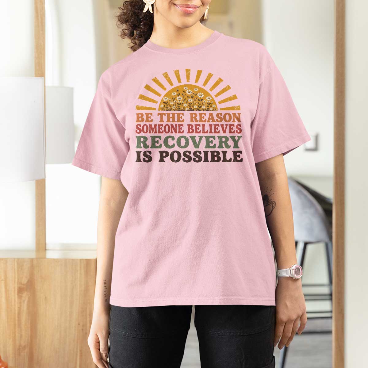 Recovery Sobriety T Shirt For Women Sober Life Believes Recovery is Possible Hippie Vintage Graphic