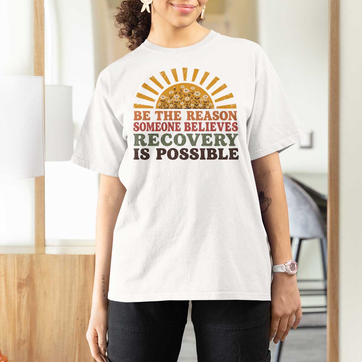 Recovery Sobriety T Shirt For Women Sober Life Believes Recovery is Possible Hippie Vintage Graphic