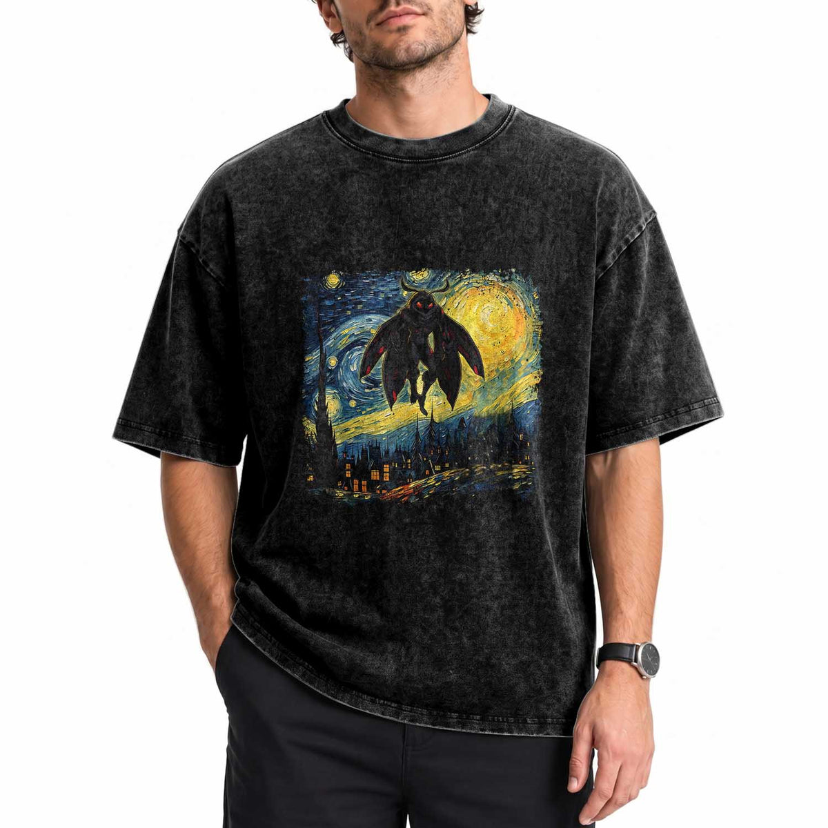 Mothman Washed Cotton T-Shirt Starry Night Van Gogh Cryptid Lover